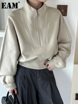 [EAM] Gray Green Shaped Elegant Sweatshirt New Stand Collar Long Sleeve Women Big Size Fashion Tide Spring Autumn 2026 1DH6660