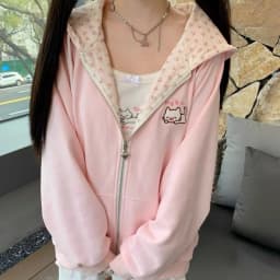 Japanese Pink Kawaii Cute Cartoon Embroidery Hoodie Women Y2k Aesthetic Patchwork Pocket Hoody Casual Grunge Zipper Sweatshirts