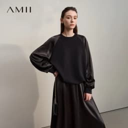 AMII Woman Sweatshirts 2026 Autumn Minimalist O-Neck Loose Casual Top Women Patchwork Long Sleeve Sweatshirts For Women 12543175