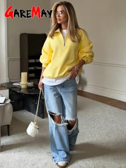 Fashion Women's Zip-up Sweatshirt Oversized Autumn Red Vintage Pinterest Sweatshirt with Zipper Cotton Long-sleeved Street Style