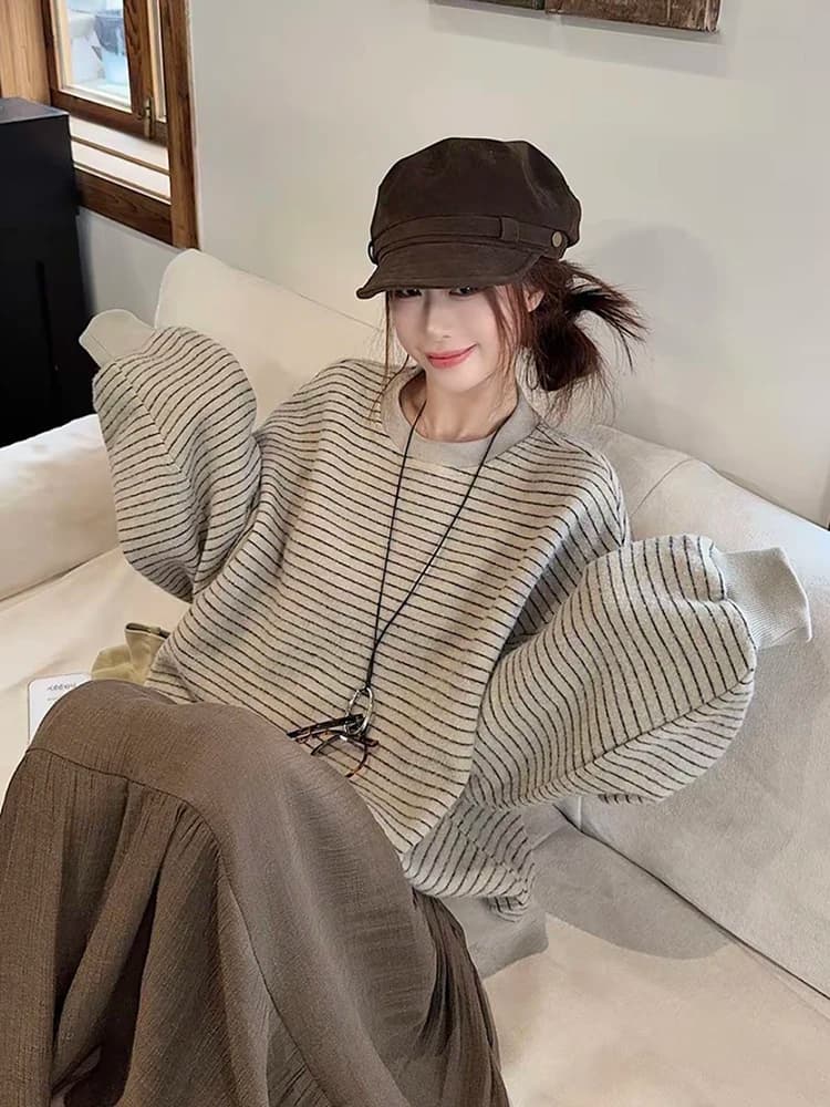 Women Vintage Striped Sweatshirts Autumn Winter Preppy Loose Casual O Neck Pullovers Retro Streetwear Long Sleeve Baggy Tops New