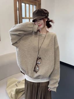 Women Vintage Striped Sweatshirts Autumn Winter Preppy Loose Casual O Neck Pullovers Retro Streetwear Long Sleeve Baggy Tops New