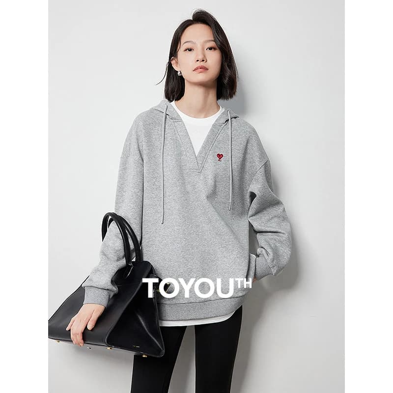 TOYOUTH Women Hoodies Sweatshirt 2024 Autumn New Heart Patter Embroidery Fake Two Piece Hooded Pullover Tops