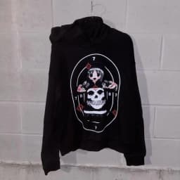 Mens Black Hooded Graphic Hoodie Horror Character Print Thriller Style Streetwear Unique Creative Design Express Individuality