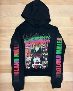 Mens Black Hooded Graphic Hoodie Horror Character Print Thriller Style Streetwear Unique Creative Design Express Individuality