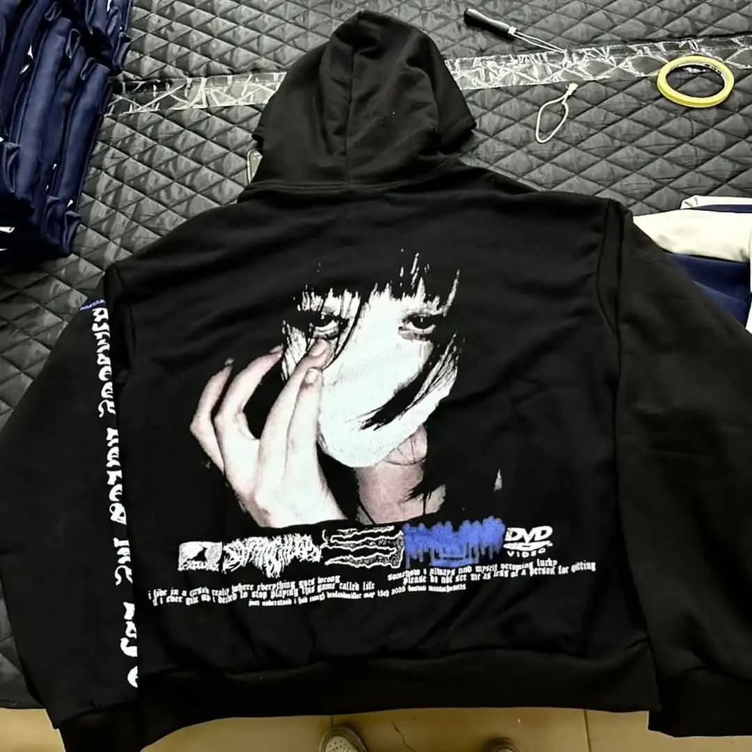 Mens Black Hooded Graphic Hoodie Horror Character Print Thriller Style Streetwear Unique Creative Design Express Individuality
