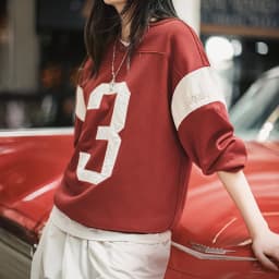 Maden Women’s Vintage Baseball V-Neck Sweatshirt Long Sleeve Pullover Color-Block Patchwork Loose Fit Cotton Blend Autumn Top