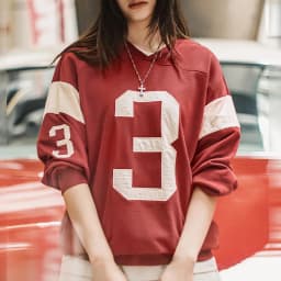 Maden Women’s Vintage Baseball V-Neck Sweatshirt Long Sleeve Pullover Color-Block Patchwork Loose Fit Cotton Blend Autumn Top