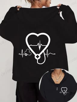 Women's Autumn Winter Hoodies Stethoscope EKG printed zipper Hooded Jackets Nursing Zipper Pocket Sweatshirt Nurse Life Outwear