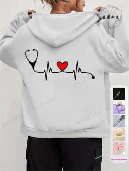 Women's Autumn Winter Hoodies Stethoscope EKG printed zipper Hooded Jackets Nursing Zipper Pocket Sweatshirt Nurse Life Outwear
