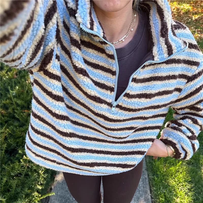 Women's Striped Fleece Jacket Color Block Half Zip Sherpa High Neck Pullover Trendy Oversized Warm Fuzzy Sweatshirt