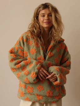 Women's 2026 New Fashion Polar Fleece Flower Blossoms Sweater Cotton Sweater Loose Warm Fur Stand Up Collar Zipper Top
