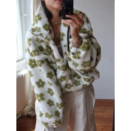 Women's 2026 New Fashion Polar Fleece Flower Blossoms Sweater Cotton Sweater Loose Warm Fur Stand Up Collar Zipper Top