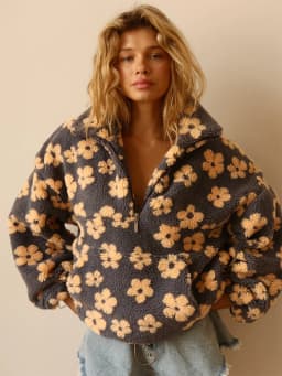 Women's 2026 New Fashion Polar Fleece Flower Blossoms Sweater Cotton Sweater Loose Warm Fur Stand Up Collar Zipper Top