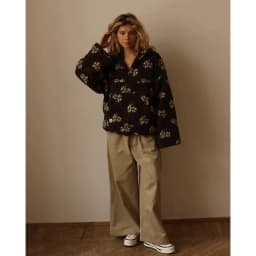 Women's 2026 New Fashion Polar Fleece Flower Blossoms Sweater Cotton Sweater Loose Warm Fur Stand Up Collar Zipper Top
