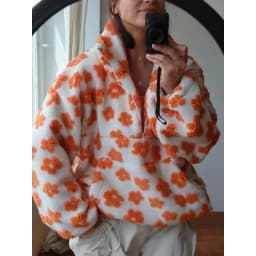 Women's 2026 New Fashion Polar Fleece Flower Blossoms Sweater Cotton Sweater Loose Warm Fur Stand Up Collar Zipper Top