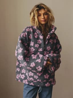 Women's 2026 New Fashion Polar Fleece Flower Blossoms Sweater Cotton Sweater Loose Warm Fur Stand Up Collar Zipper Top
