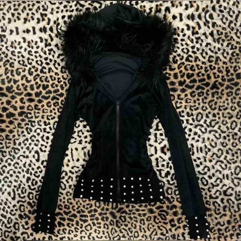 Y2K Harajuku Aesthetic Women's Fur Collar Hoodie Sexy Slim Chic Casual Solid Color Cardigan Sweatshirt Goth Punk Rock Streetwear