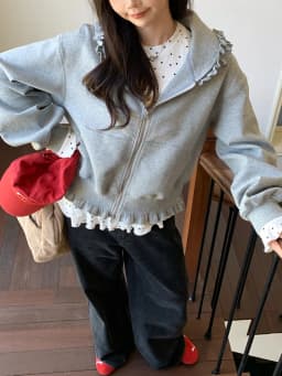 Korean Pink Zipper Hooded Sweatshirt for Women's Cute Outerwear Cardigan with Ruffle Edge Long Sleeved Top Loose Hoodie