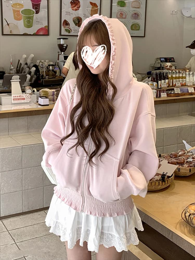 Korean Pink Zipper Hooded Sweatshirt for Women's Cute Outerwear Cardigan with Ruffle Edge Long Sleeved Top Loose Hoodie