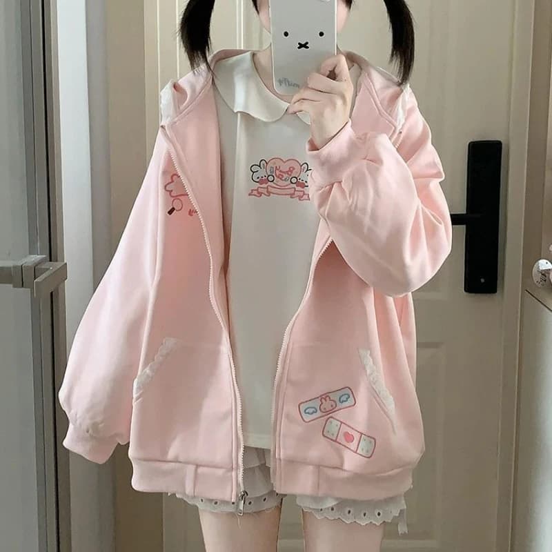 Japanese Cartoon Bunny Print Casual Kawaii Hoodies Y2k Aesthetic Lace Rabbit Ear Women Hoody Harajuku Autumn Zipper Sweatshirts