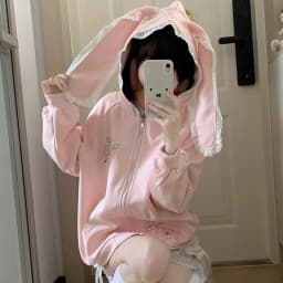 Japanese Cartoon Bunny Print Casual Kawaii Hoodies Y2k Aesthetic Lace Rabbit Ear Women Hoody Harajuku Autumn Zipper Sweatshirts
