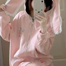 Japanese Cartoon Bunny Print Casual Kawaii Hoodies Y2k Aesthetic Lace Rabbit Ear Women Hoody Harajuku Autumn Zipper Sweatshirts