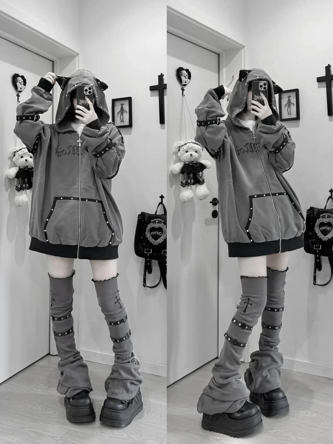 Streetwear Harajuku Hoodies Jackets Women's Clothing Hooded Punk Zipper Coat Japanese Rivet Print Vintage Casual Y2k Sweatshirts
