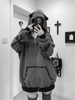 Streetwear Harajuku Hoodies Jackets Women's Clothing Hooded Punk Zipper Coat Japanese Rivet Print Vintage Casual Y2k Sweatshirts