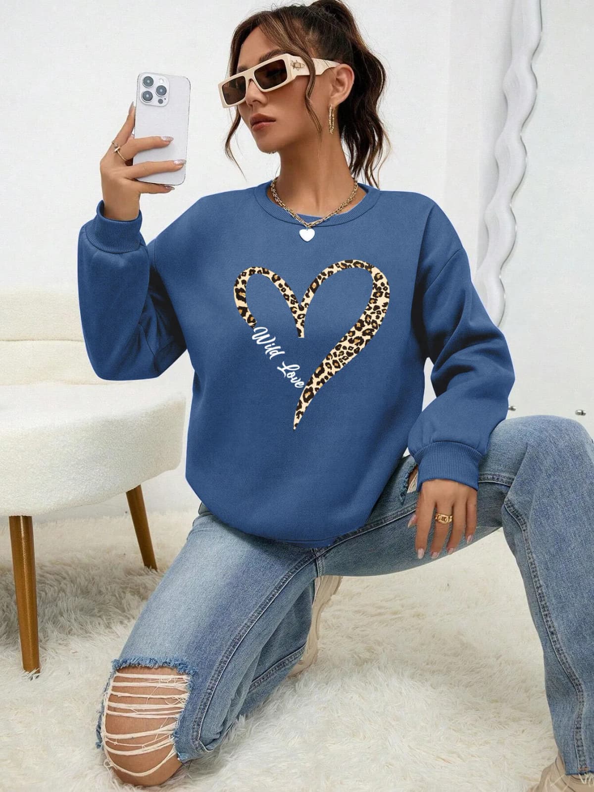 Leopard Wild Heart Pattern Print Female Sweatshirt Street Fur-Liner Pullovers Hipster Clothing All-Match Crewneck Tracksuit