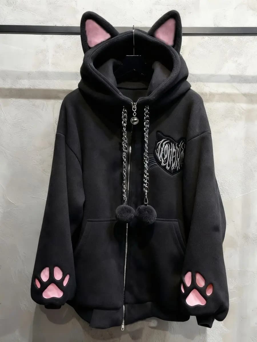 Fleece Lined Autumn Winter Ear Hooded Claw Long Sleeve Jacket Cute Home Black Punk Rock Style Women's Sweatshirt
