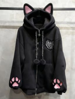 Fleece Lined Autumn Winter Ear Hooded Claw Long Sleeve Jacket Cute Home Black Punk Rock Style Women's Sweatshirt