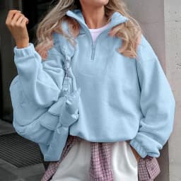 Casual Pink Fleece Sweatshirt Women Zipper Lapel Long Sleeve Loose Pullover Hoodie Autumn Winter Solid Warm Daily Commute Tops