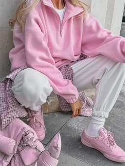 Casual Pink Fleece Sweatshirt Women Zipper Lapel Long Sleeve Loose Pullover Hoodie Autumn Winter Solid Warm Daily Commute Tops