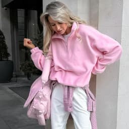 Casual Pink Fleece Sweatshirt Women Zipper Lapel Long Sleeve Loose Pullover Hoodie Autumn Winter Solid Warm Daily Commute Tops
