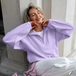 Casual Pink Fleece Sweatshirt Women Zipper Lapel Long Sleeve Loose Pullover Hoodie Autumn Winter Solid Warm Daily Commute Tops