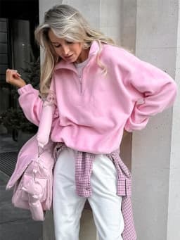 Casual Pink Fleece Sweatshirt Women Zipper Lapel Long Sleeve Loose Pullover Hoodie Autumn Winter Solid Warm Daily Commute Tops