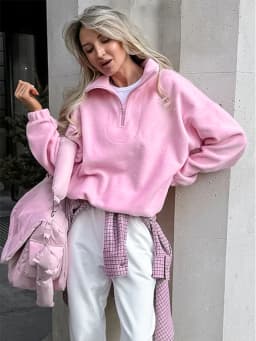 Casual Pink Fleece Sweatshirt Women Zipper Lapel Long Sleeve Loose Pullover Hoodie Autumn Winter Solid Warm Daily Commute Tops
