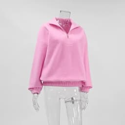 Casual Pink Fleece Sweatshirt Women Zipper Lapel Long Sleeve Loose Pullover Hoodie Autumn Winter Solid Warm Daily Commute Tops