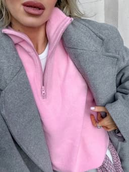 Casual Pink Fleece Sweatshirt Women Zipper Lapel Long Sleeve Loose Pullover Hoodie Autumn Winter Solid Warm Daily Commute Tops