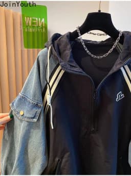 Oversized Sweatshirts for Women Patchwork Denim Streetwear Y2k Tops 2025 Ropa Mujer Hooded Contrast Color Vintage Hoodies 27u340