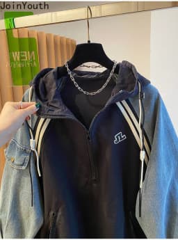 Oversized Sweatshirts for Women Patchwork Denim Streetwear Y2k Tops 2025 Ropa Mujer Hooded Contrast Color Vintage Hoodies 27u340