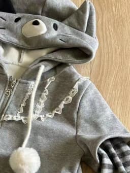 Harajuku Stripe Hoodies Women Kawaii Tops Cat Ear Hooded Jacker Grunge Streetwear Lace Patch Y2k Aesthetic Zipper Sweatshirt