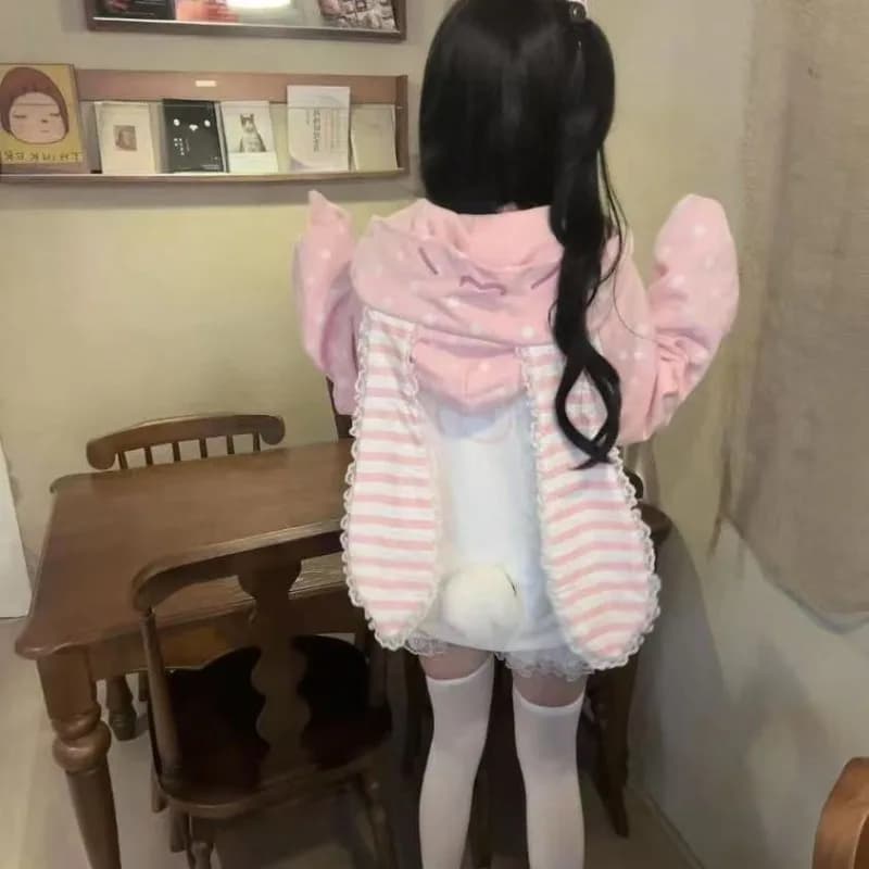 American Loose Spring Autumn Embroidered New Zip Up Hoodie Lazy Style Design Hooded Jackets Sweet Rabbit Ear Sweatshirt Women