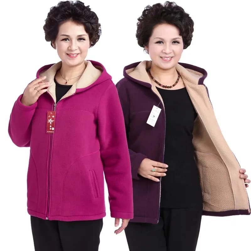 Autumn Women Fleece Jacket 2026 New Grandma Velvet Hooded Sweatshirt Cotton Warm Winter Jacket Coat Female Tops Basic Coats 5XL