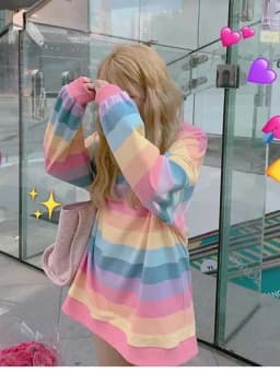 Women's Rainbow Striped Long-Sleeve Hoodless Jacket Harajuku Style Korean Version Loose Thin Shirt for Female Students