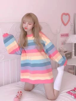 Women's Rainbow Striped Long-Sleeve Hoodless Jacket Harajuku Style Korean Version Loose Thin Shirt for Female Students