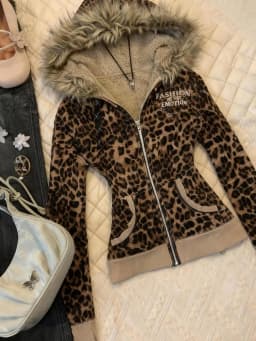 Y2K Hot Girl Autumn Winter Harajuku Vintage Leopard Print Slim Fit Sweatshirt Women Gothic Fur Collar Zipper Long Sleeve Hoodie