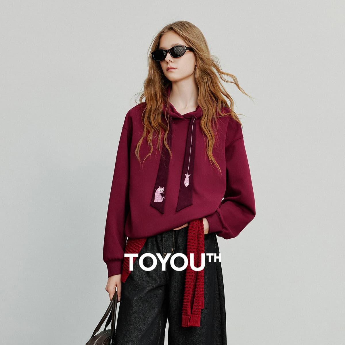 TOYOUTH Women Fleece-Lined Hooded Sweatshirts 2026 Spring New Cat Embroidery Tie Detail Warm Cozy Fleece Lining Tops