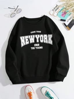 New York 1968 Women Sweatshirt Black Letter Print Sporty Hoodie Winter Casual Fleece Pullover Crewneck Red Hoody Street Clothing
